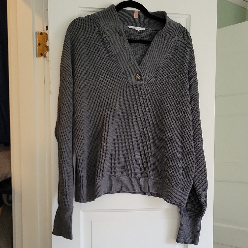 Lunya Charcoal Waffle V-Neck Button Top - M